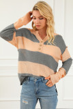 Khaki Striped Side Split Henley Sweater