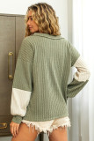Green Textured Colorblock Long Sleeve V Neck Top