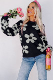 Black Big Flower Knit Ribbed Trim Sweater