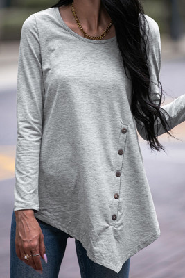 Grey Side Button Irregular Length Long Sleeves Top