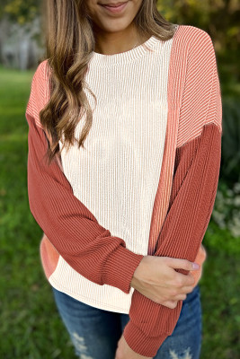 Apricot Pink Color Block Corded Long Sleeve Top