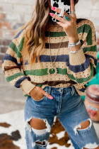 Shallow Khaki Striped Hollowed Knitted Loose Sweater