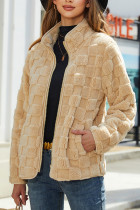Plain Plaid Texture Open Zipper Fleece Jacket
