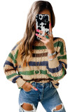 Shallow Khaki Striped Hollowed Knitted Loose Sweater