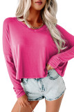 Rose Red Loose V Neck Dropped Long Sleeve Top