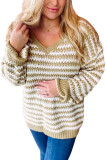 Khaki Chic Striped Knit V Neck Drop Shoulder Sweater
