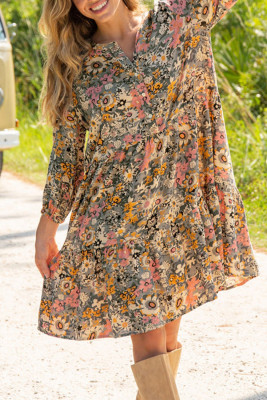 Multicolor Buttoned Crew Neck 3/4 Sleeve Floral Dress