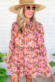 Red 3/4 Sleeve Smocked Tiered Floral Dress