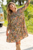Multicolor Buttoned Crew Neck 3/4 Sleeve Floral Dress