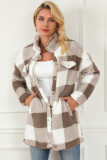 Khaki Fuzzy Plaid Flap Button Up Midi Coat