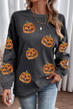 Dark Grey Sequined Halloween Pumpkin Corded Baggy Sweatshirt