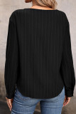 Black Irregular Neckline Buttoned Rib Long Sleeves Top