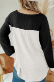 Black Contrast Color Waffle Knit Long Sleeve Top