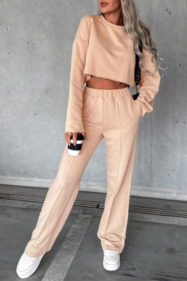 Khaki Long Sleeve Distressed Crop Top Wide Leg Pants Outfit