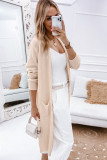 Apricot Ribbed Trim Pockets Open Front Midi Cardigan