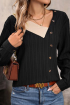 Black Irregular Neckline Buttoned Rib Long Sleeves Top