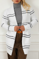 White Striped Detail Fuzzy Open Front Cardigan
