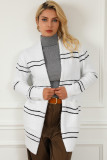 White Striped Detail Fuzzy Open Front Cardigan