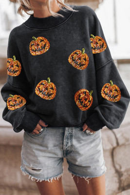 Black Sequined Halloween Pumpkin Relaxed Sweatshirt