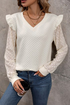Off-White V Neck Quilted Splicing Lace Sleeves Top 