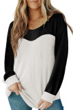 Black Contrast Color Waffle Knit Long Sleeve Top
