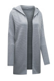 Gray Horizontal Rib Knitted Open Front Hooded Cardigan