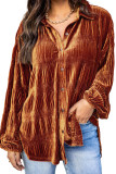 Brown Solid Color Textured Velvet Button Up Shirt