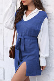 Plain Knitting Vest Split Dress 