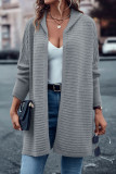 Gray Horizontal Rib Knitted Open Front Hooded Cardigan