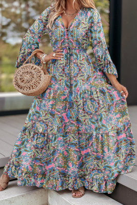 Paisley Printed Ruffle Trim Elegant Maxi Dress
