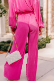 Rose Red Solid Pleated Crop Top Wide Leg Pants Set