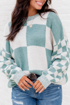 Mint Green Checkered Print Drop Shoulder Sweater