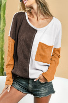 Brown Color Block Patchwork Chest Pocket Long Sleeve Top