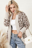 Khaki Fuzzy Leopard Ribbed Trim Lapel Collar Cardigan