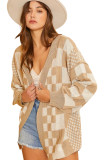 Khaki Mixed Checker Knit Drop Shoulder Cardigan