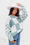 Mint Green Checkered Print Drop Shoulder Sweater
