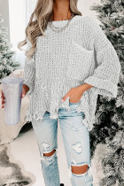 Bright White Ripped Raw Hem Chunky Pullover Sweater