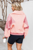 Pink Exposed Seam Fuzzy Patchwork Zip Neck Sweatshirt