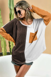 Brown Color Block Patchwork Chest Pocket Long Sleeve Top