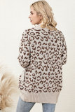 Khaki Fuzzy Leopard Ribbed Trim Lapel Collar Cardigan