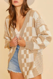 Khaki Mixed Checker Knit Drop Shoulder Cardigan
