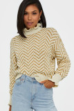 Khaki Chevron Striped High Neck Drop Shoulder Sweater