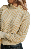 Khaki Chevron Striped High Neck Drop Shoulder Sweater