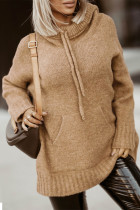 Brown Cowl Neck Drawstring Pullover Hooded Sweater