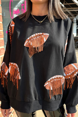 Black Sequin Fringed Rugby Casual Sweatshirt