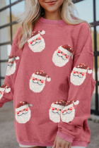 Strawberry Pink Sequined Santa Claus Graphic Corded Sweatshirt