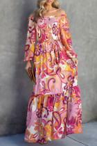 Multicolour Boho Floral Smocked Off Shoulder Puff Sleeve Maxi Dress