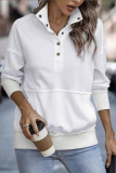 White Ribbed Hem Snap Button Neckline Sweatshirt with Pocket