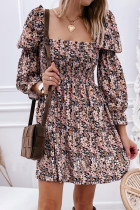 Brown Floral Puff Sleeve Square Neck Smocked Pleated Dress