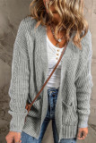 Gray Solid Color Textured Knit Pocket Open Front Cardigan